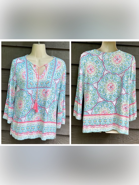 Ruby Rd. Tops - Boho Tassel Tie Printed Women’s Top - Pastel Multicolor resort cruise wear